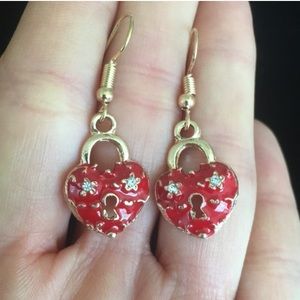 Red Heart Lock Hook Dangle Earrings